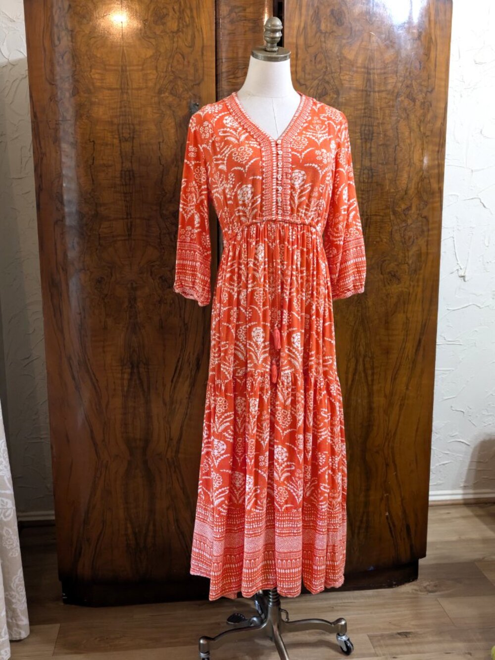 BIBA Orange Boho Floral Block Print Tiered Maxi Prairie Dress Size 2 /EU 34 - Picture 2 of 8